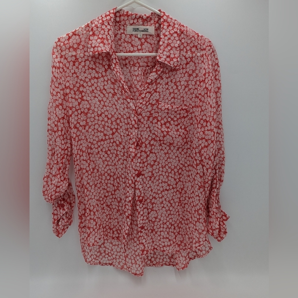 Diane von Furstenberg Red Floral Blouse Sheer Button Down 6 Romantic Feminine